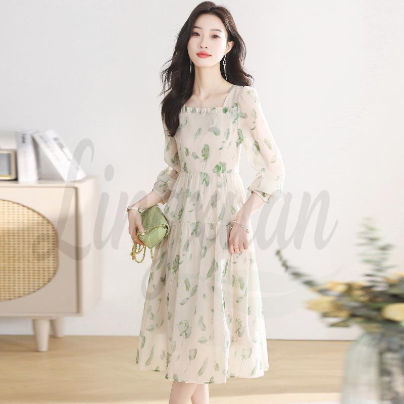 Elegant French Floral Print Dress with Puff Sleeves & Waist-Cinching Design XL светло-зеленый