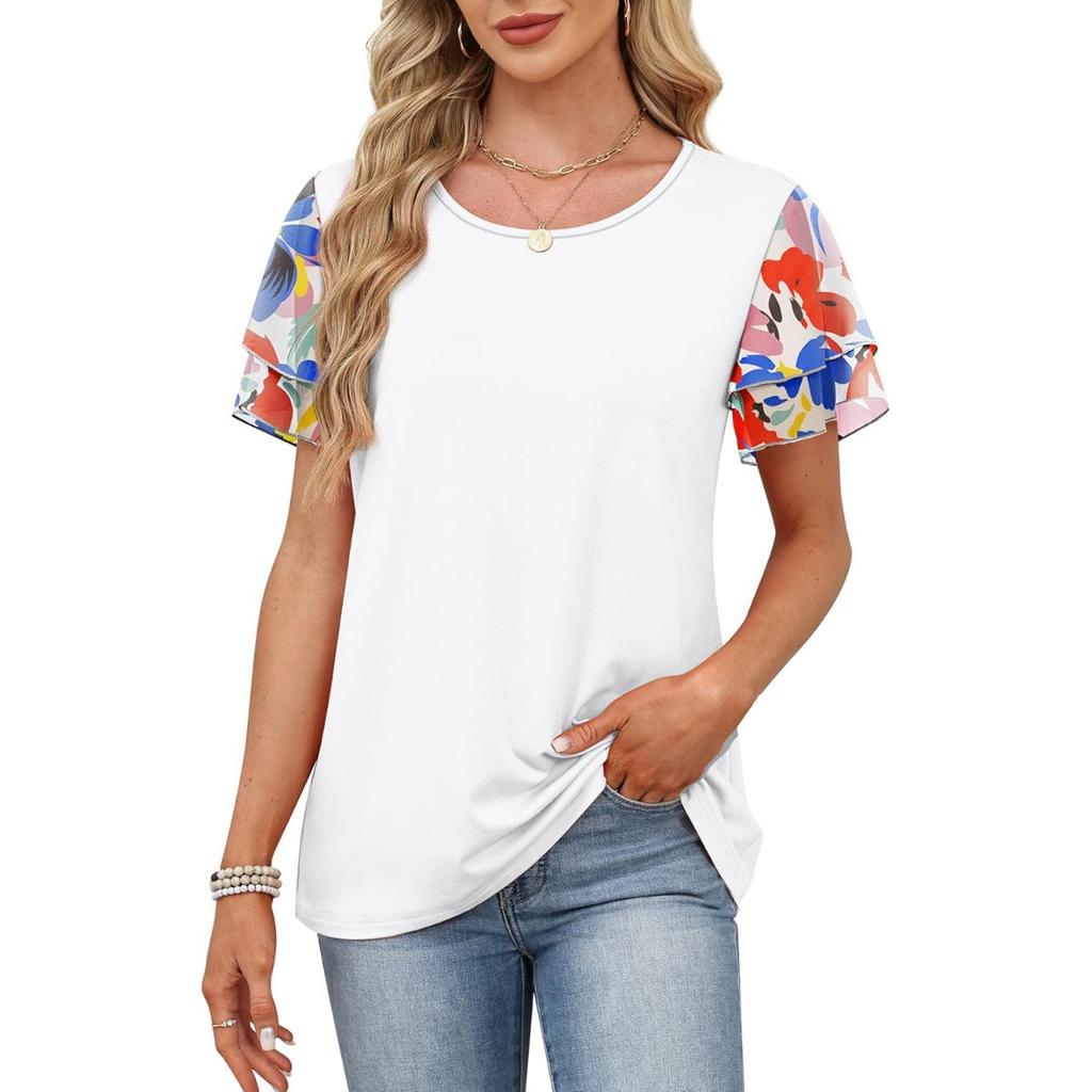 Women's Spring Summer New Crew Neck Printed Colorblock Double Layer Short Sleeve T-shirt Top For Leisure Leisure Trade