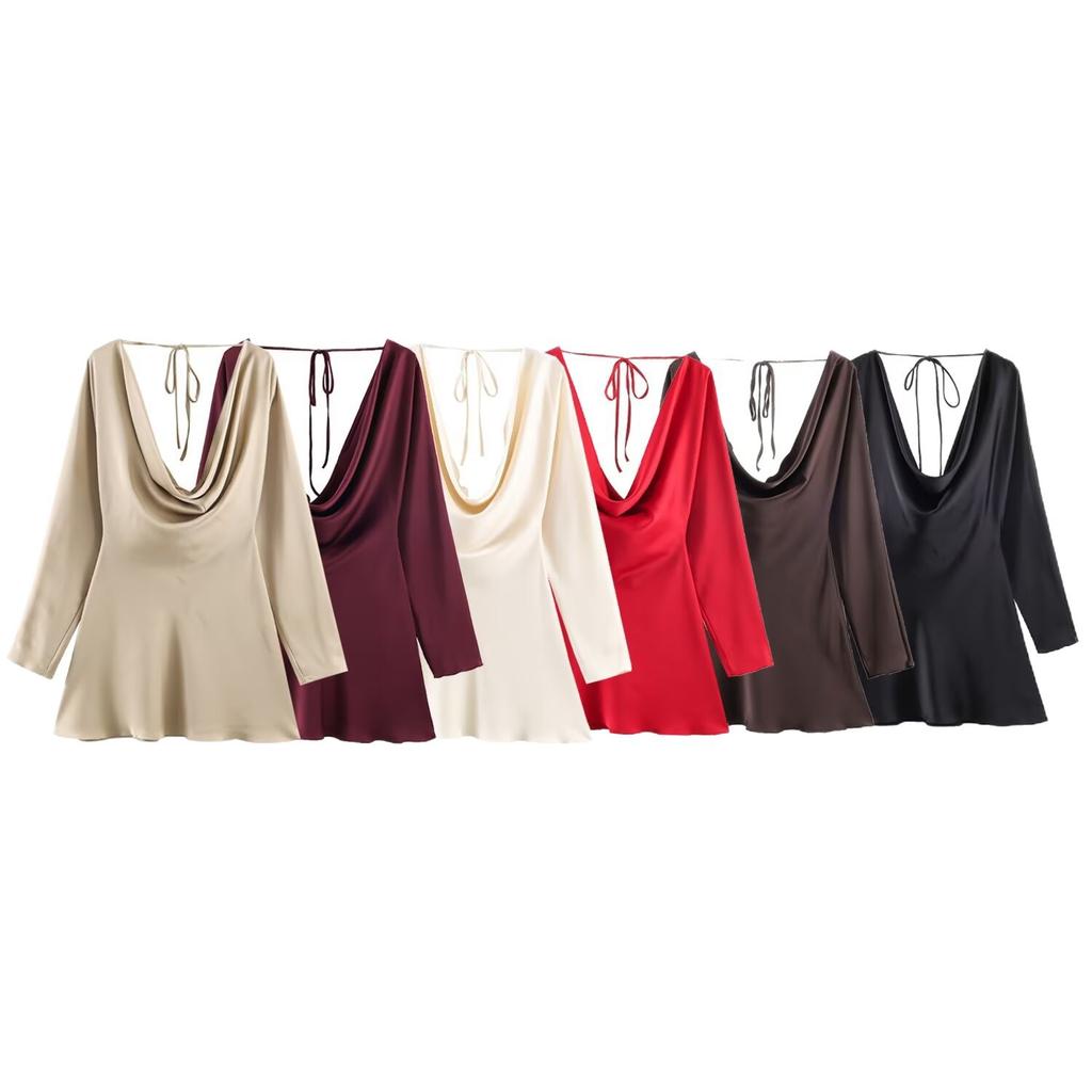 European and American spring new French sexy swinging collar solid color silk satin texture drape slim slim dress