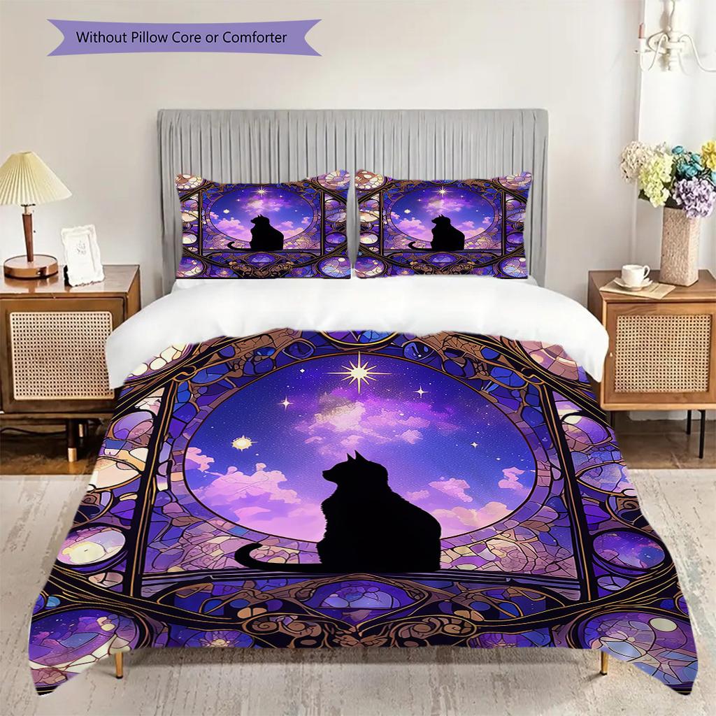 Black Cat Pattern Bedding Quilt Set Quilt Cover Pillowcase Home Decoration Birthday Gift (1 * Duvet Cover + 2 * Pillowcase, Without Core)
