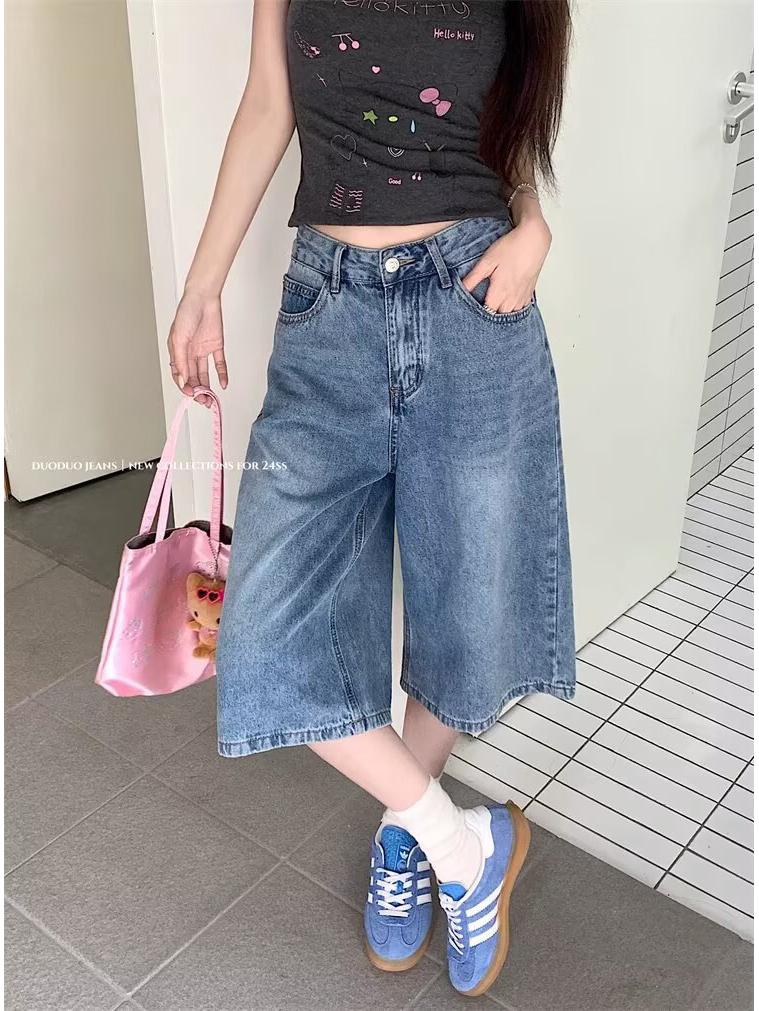 

Women s High Waist American Retro Summer 2025 Wide Leg Cropped Denim Pants XL: 121-131 lbs