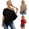 Women T-shirt Skew Collar Batwing Short Sleeve Waist Tight Design Tee Shirt Pure Color Loose Fit Soft Stretchy