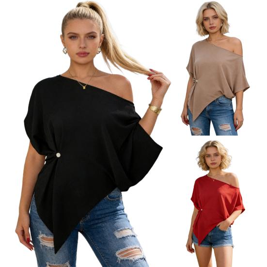 Women T-shirt Skew Collar Batwing Short Sleeve Waist Tight Design Tee Shirt Pure Color Loose Fit Soft Stretchy