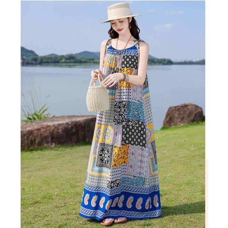Fashion Floral Sleeveless Cotton Maxi Dress Summer Boho Style Casual Wear for Women
