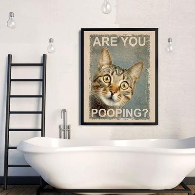 Are You Pooping Bathroom Wall Poster Funny Quote Canvas Print Cute Curious Cat Art Retro Painting Toilet Room Home Decor (with Frame)