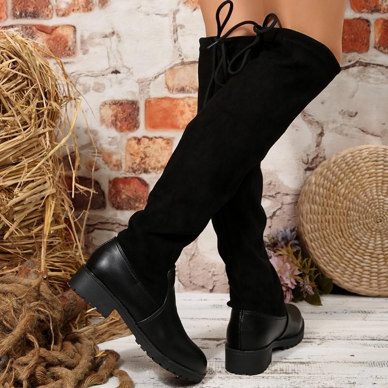 Plus Size Over The Knee Tall Boots Fall New Round Toe Paneled Suede Lace-Up Rear Soft Slip Boots