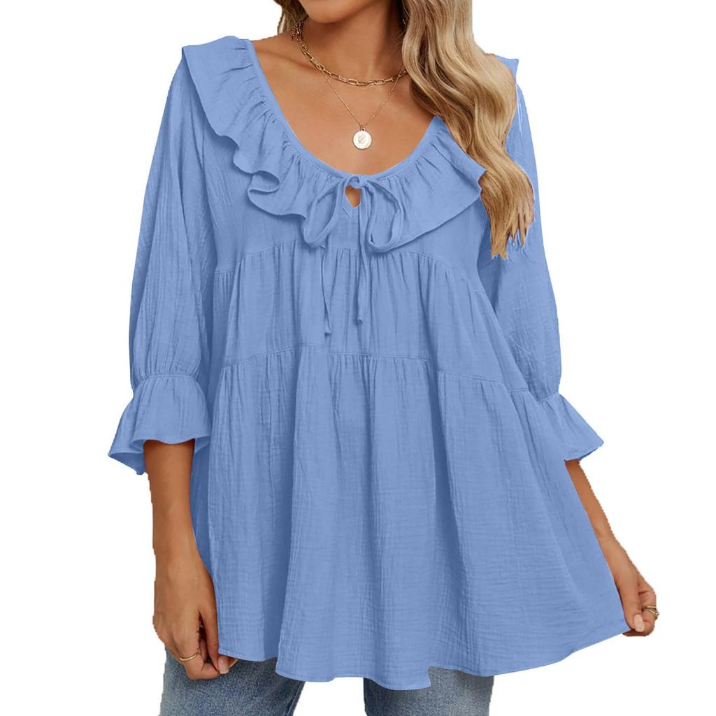 Round Neck Casual Lace-up Front Pleated Multi-layer Loose Waist Shirt Autumn Clothing