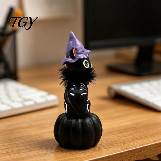 Creative Halloween Home Accents Pumpkin Witch Hat Black Cat Ornament, Resin Desktop Skeleton Festive Holiday Showcase Decor Statue, Cartoon