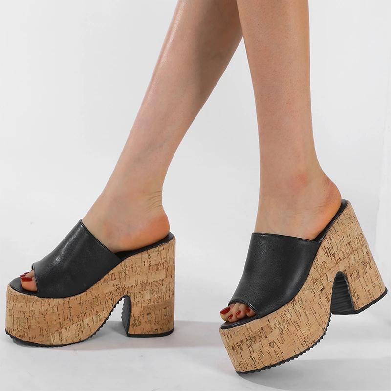 Eilyken Summer Fashion Chunky Platform Wedges Heels Women Slippers Street Style Square Toe Slide Ladies Shoes