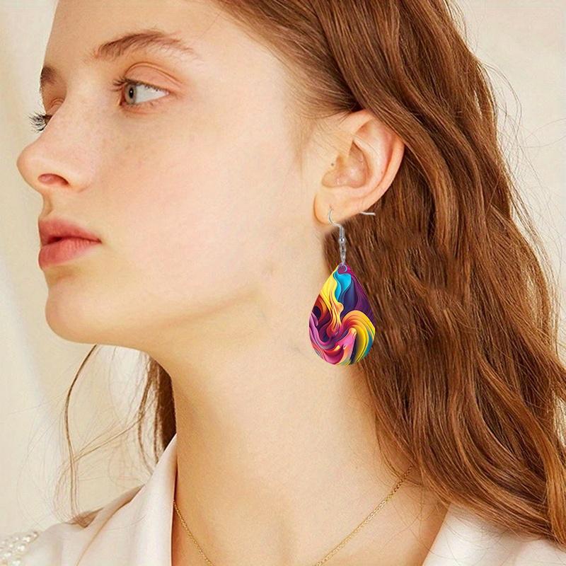 Boohemia Style Clorful Streamer Print Waterdrop PU Earrings for Women Girls Flowert Pattern Dangle Earrings Party Decorations