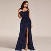Women Elegant Sequin V Neck Sling Slit Banquet Evening Long Dress