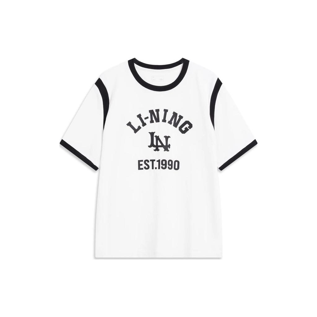 Li Ning Sports Lifestyle Series Letter 1990 Number Print Round Neck Short Sleeve T-Shirt Women Tops Off-White AHST858-1