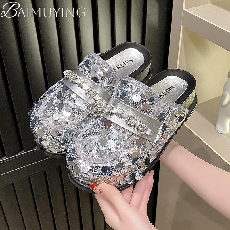 Bling Platform Mules Slippers Women Flat Sandals Casual Loafers Shoes Woman 2025 Trend Comfort Elegant Dress Summer Slides Mujer