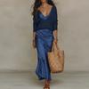 Spring Long Sleeve Loose Sweater Women's Set Elegant V Neck Satin Long Dress Suit Summer Casual Slim Vacation Beach Outfit Mujer