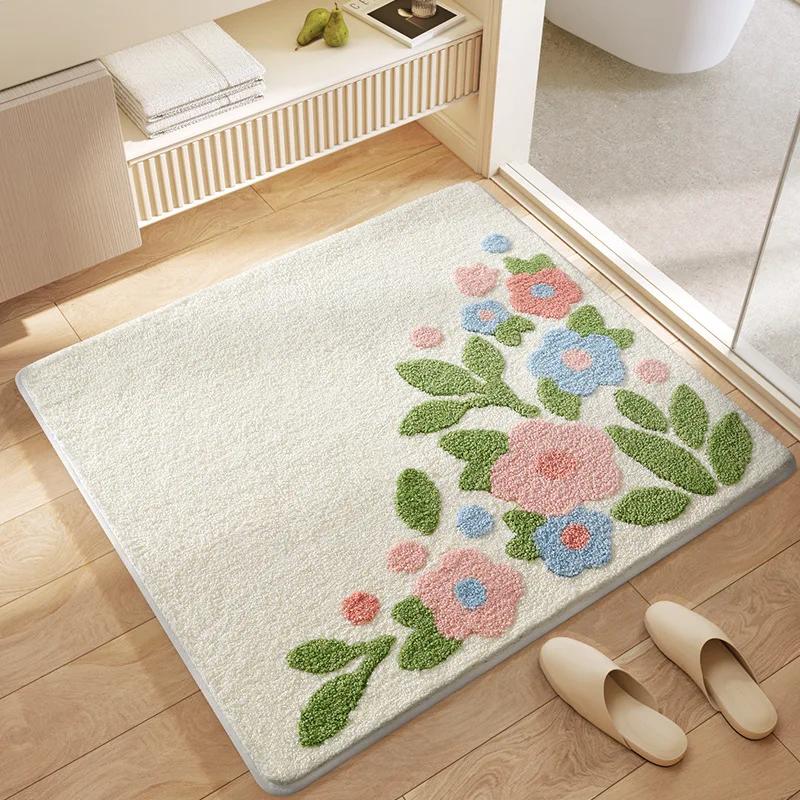 

Fresh Floral Square Bath Mat, Highly Absorbent Floor Mat, High Weight Flocking, Thickened Foot Mat, Non-slip Mats Rug Carpet 60x60cm