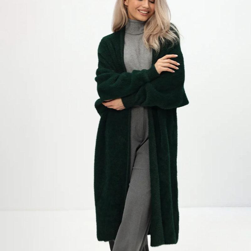 

Женский длинный вязаный кардиган-жакет Осень Зима Свободный Флис из искусственной норки Вязаный свитер-пальто Однотонный Флисовый кардиган с открытой передней частью one size темно-зеленого