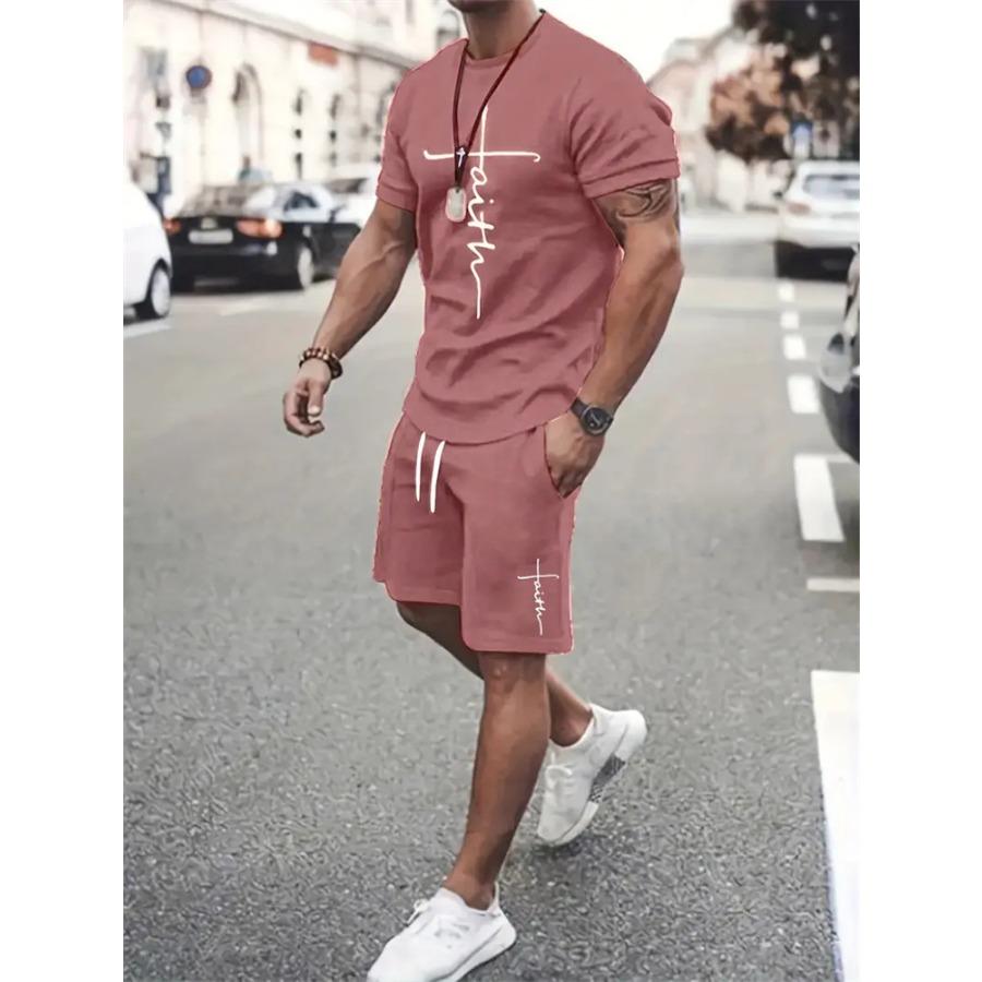 Mens T Shirt Shorts Set Fashion Mens Cross Printed Short Sleeve Two Pieces Oversized Outdoor Beach Sports Men's Plus Size Suit