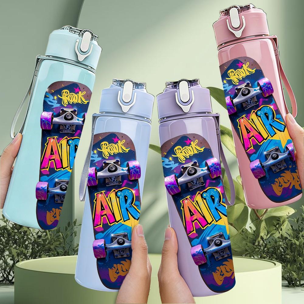 1PC Colorful Painted Skateboard Deck Art 750ml Color Plastic Sports Water Bottle Leakproof Flip Straw Lid Suitable for Sports Office Home Use