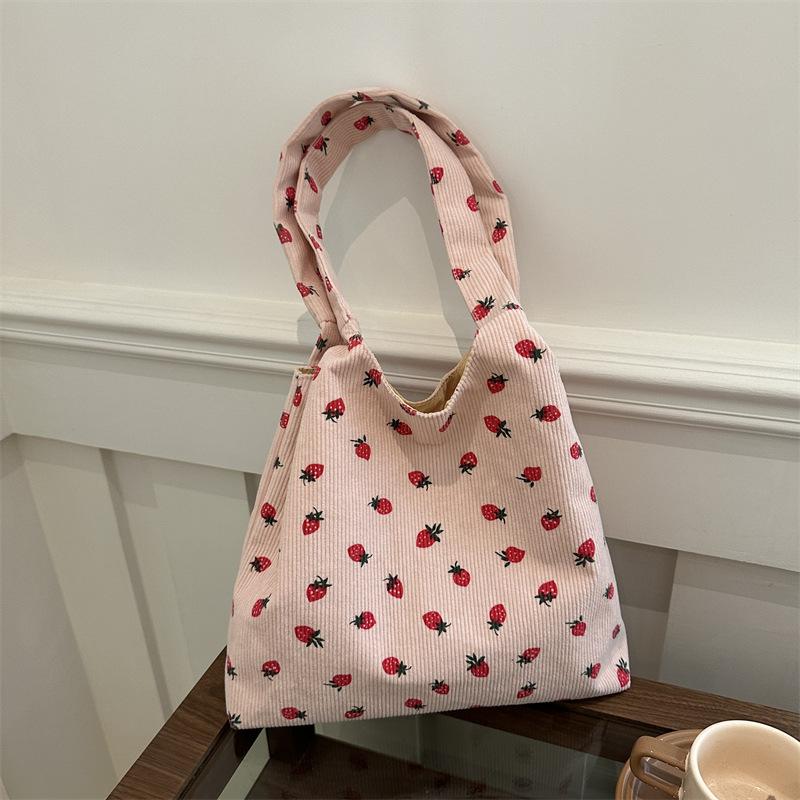 Tasche Damen 2025 Neu Große Kapazität Cord Tragetasche Niedliche Erdbeer Schultertasche Studententasche
