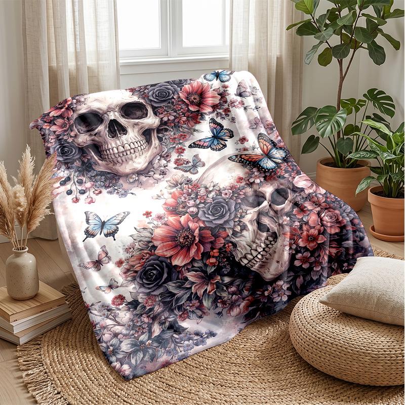 Skulls and Floral Butterflies Theme blanket Lightweight Warm Flannel Blanket Decorative Throw Blanket for Home Decoration