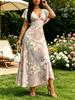 Abito Lungo Estivo da Donna Grigio Rosato con Stampa Floreale Margheritine Piccole, Scollo a V, Maniche Svasate, Linea ad A, Abito da Picnic