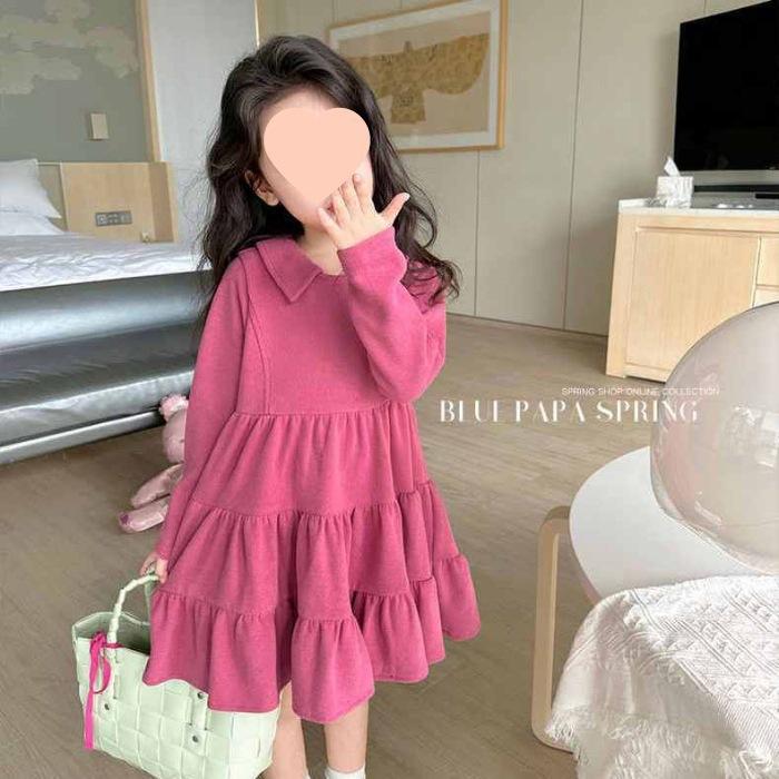 Girls Fall Korean Sweet Solid Long Dress Casual Princess Look 120