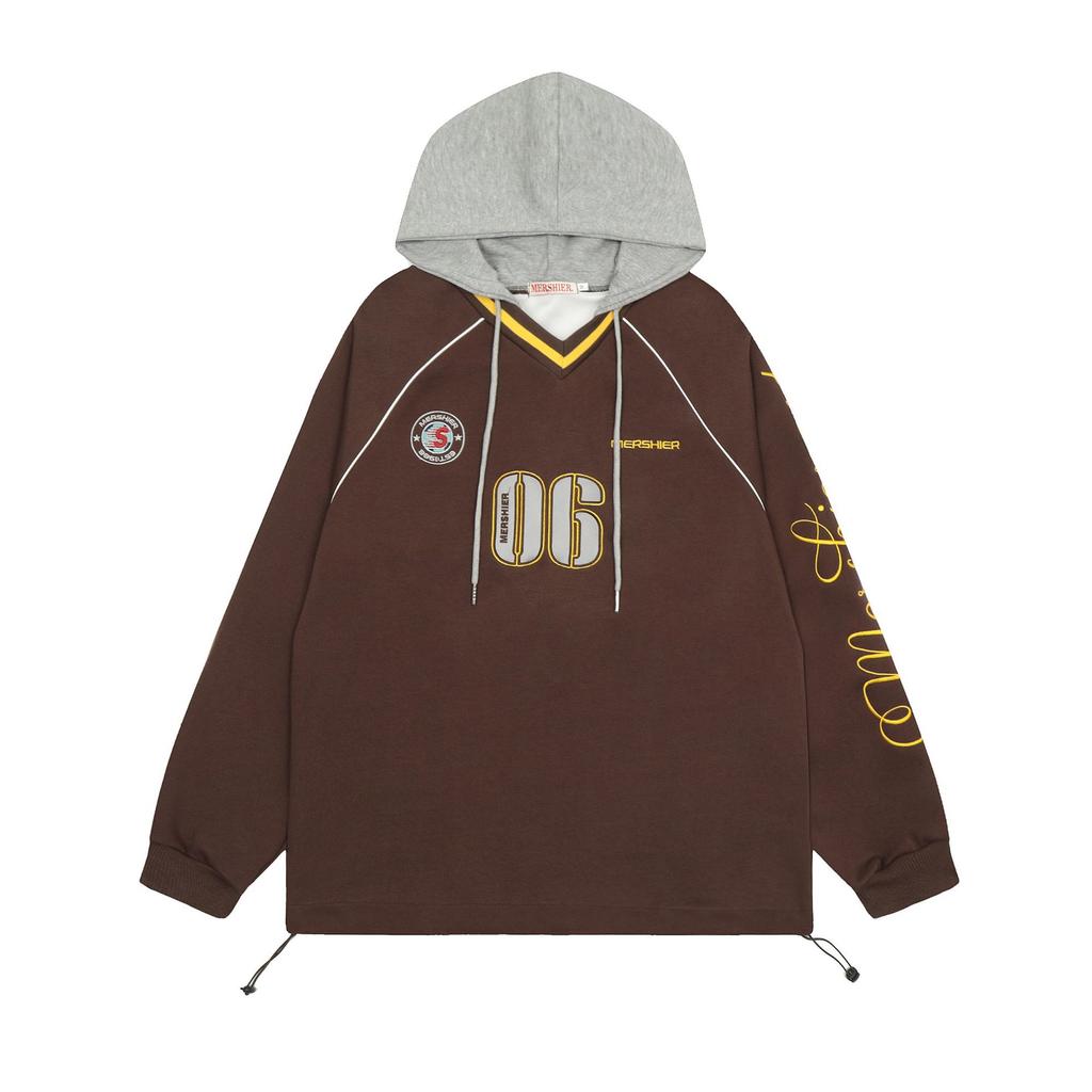 Men's autumn and winter new American jersey trendy hoodie fake two-piece inlaid line design hooded sweater for men and women