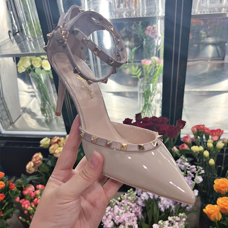 

2 summer new high heels bag pointed rivets thin heel with versatile sandals as a gift nude beautiful 40
