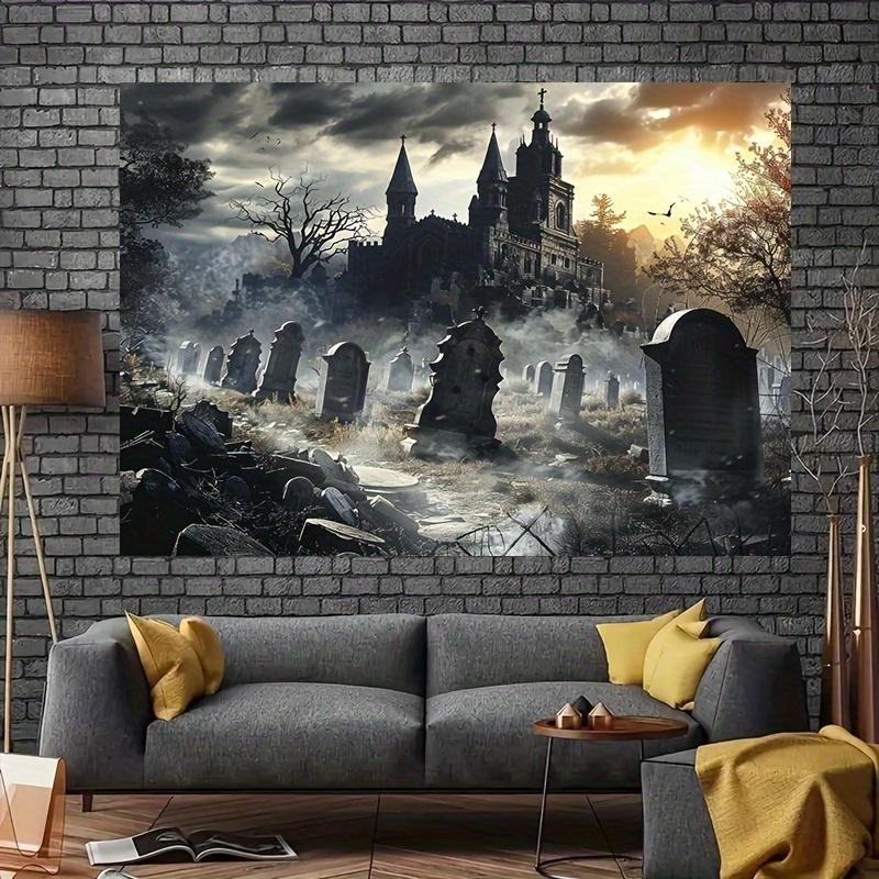 JIT 2D Hintergrundbanner 1 Stück Halloween Hintergrundtuch nebliges Schloss im Gothic-Stil Friedhof Fledermäuse