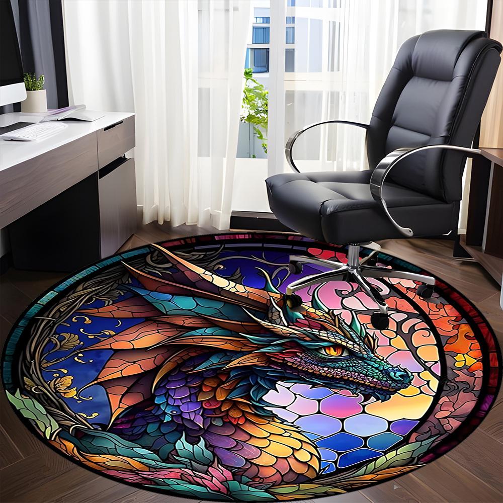 1pc Stained Glass Dragon Office Round Area Rug, Under Office Chairs Bedroom Living Room Home Decor, Room Deco