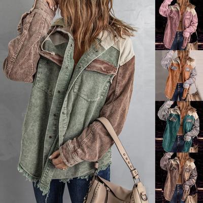 Damen-Herbst-Cord-Schaljacke mit langen Ärmeln, Schnalle, farblich passende Kapuzenjacke mit Tasche