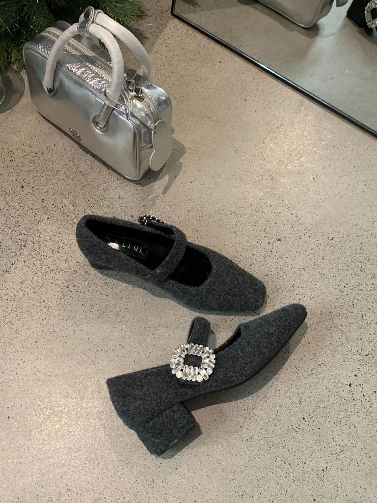 French High-heeled Mary Jane Fluffy Shoes Women's Shoes 2025 Autumn and Winter with Skirts, Evening Shoes, Velvet Rhinestone Single Shoes