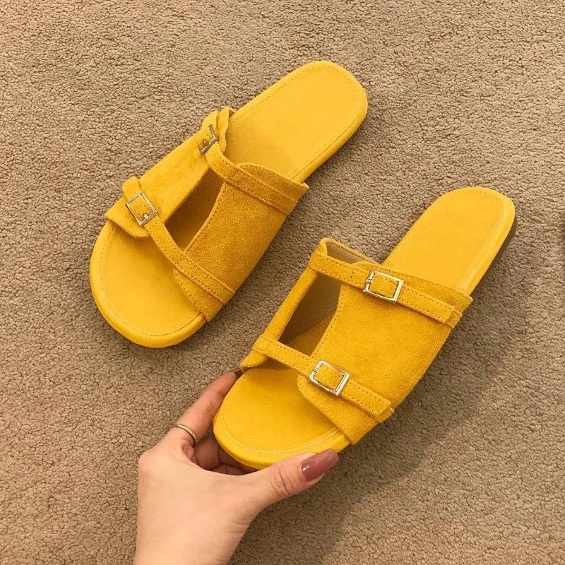 Fashion Vintage Flat Slippers French Women Summer Round Toe Open-toe Metal Buckle Vacation New Soft-soled Seaside Sandals