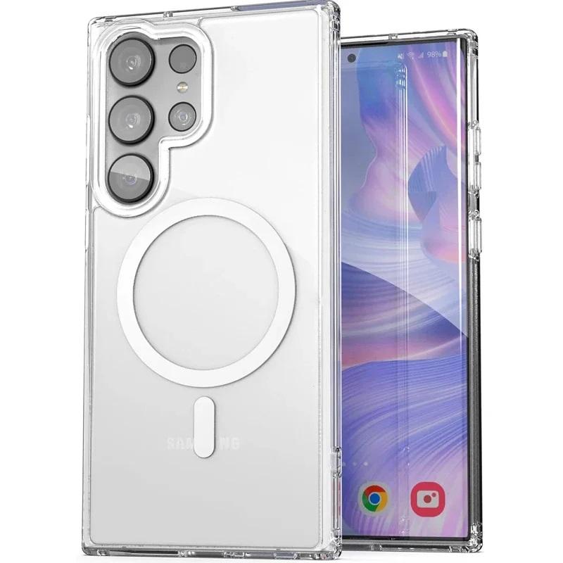 Magnetic Case For MagSafe Cover for Samsung Galaxy S23 S22 S21 S20 Plus S24 FE S25 Edge Ultra Transparent Shockproof Clear Cover