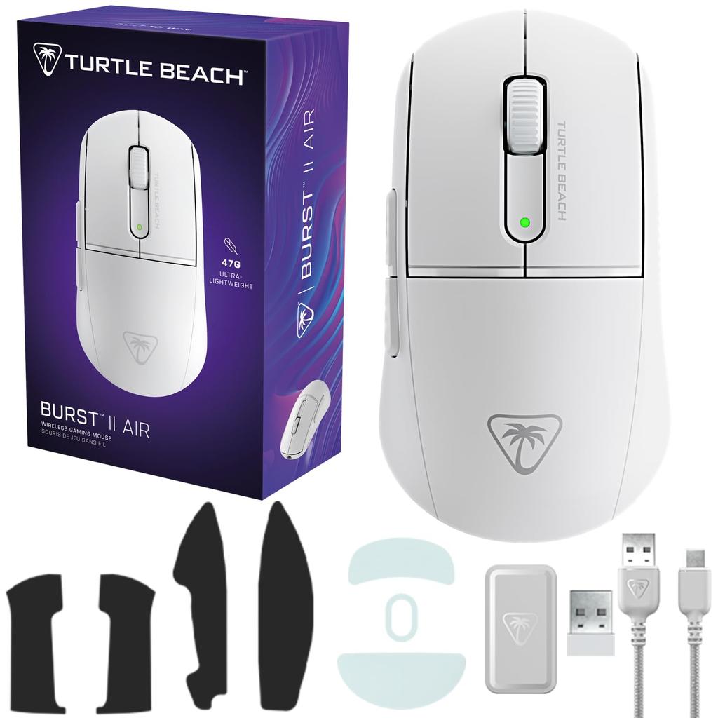 Turtle Beach Burst II Air Wireless Gaming 26K Optical Ambidextrous Battery Mouse, Ultra-lightweight 47g, 2.4GHz/Bluetooth, White, Switches, Design,