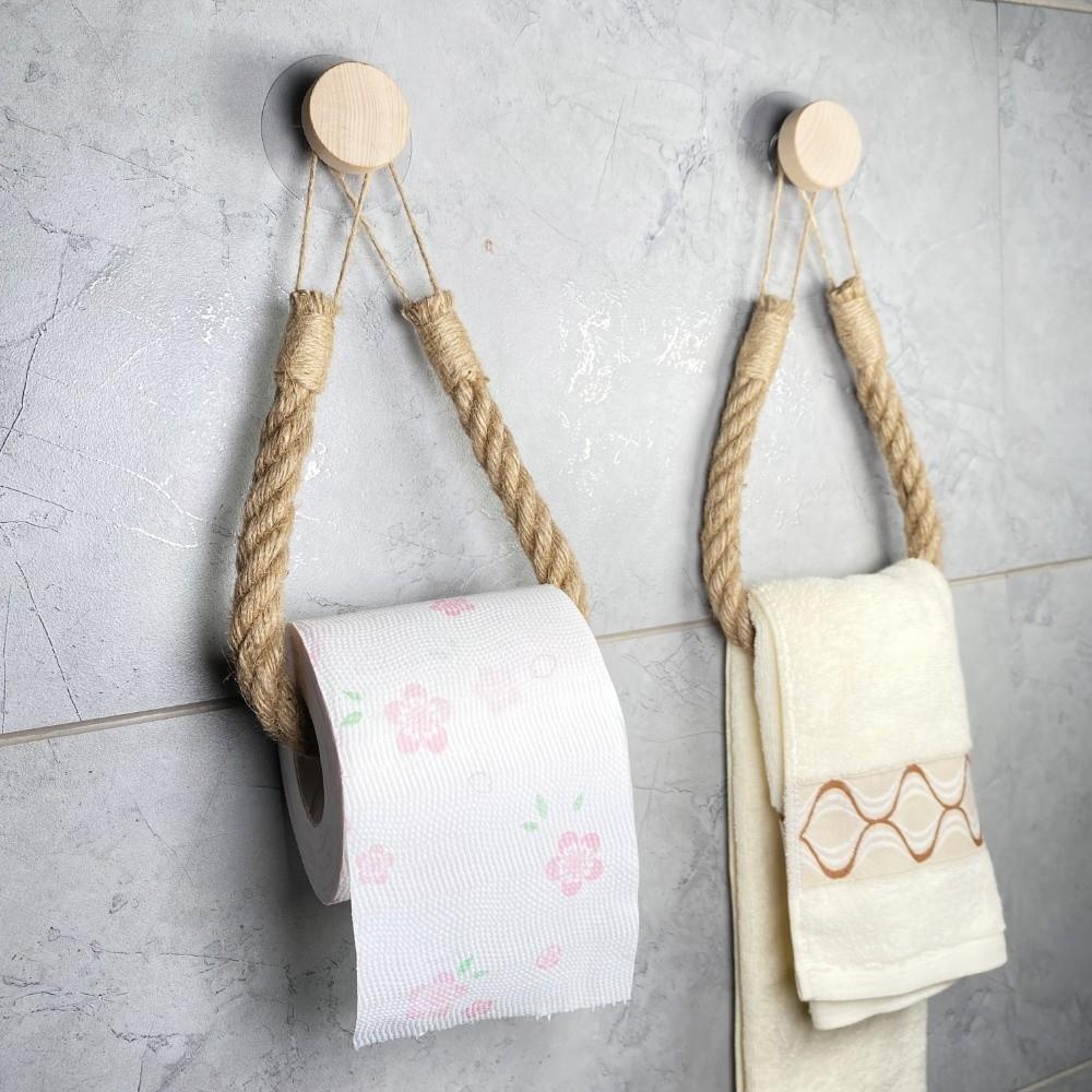 No-Drill Toilet Paper Wood Hook Hand-Woven Jute Rope Tissue Holder Bathroom