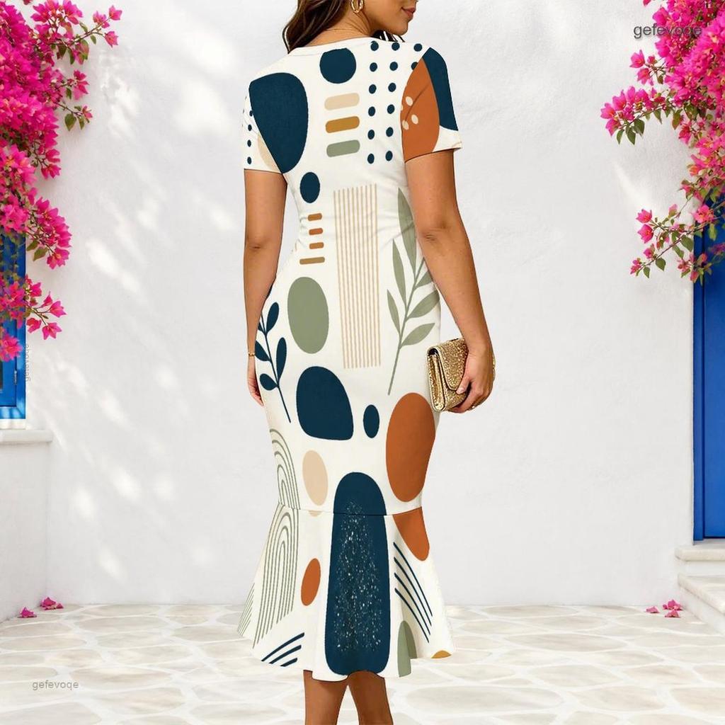 Women Plus Size V Neck Short Sleeve Fitted Abstract Printed Fishtail Dress