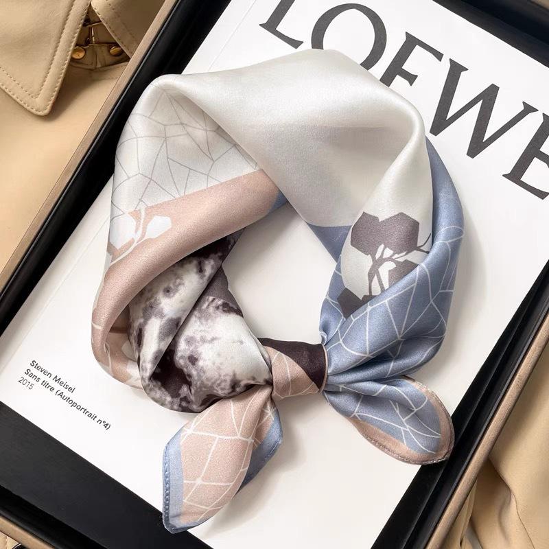 Dámský béžový hedvábný šátek - 53 cm Korejský styl Tištěný čtverec, 100% morušové hedvábí na jaro/léto