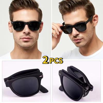 2Pcs Vintage Folding Sunglasses Men Brand Designer Eyewear Women'S Fold Fashion Square Portable Outdoor Sport Sun Glasses Male