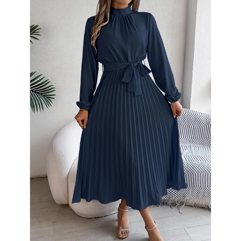 Herbst und Winter Elegantes Stehkragen Langarm Taille Falten Langer Rock Kleid