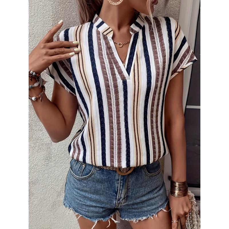 GMXIA Women's Fashion Casual Leisure Summer Stripe Print Short Sleeve V-Neck Blouses & Shirts