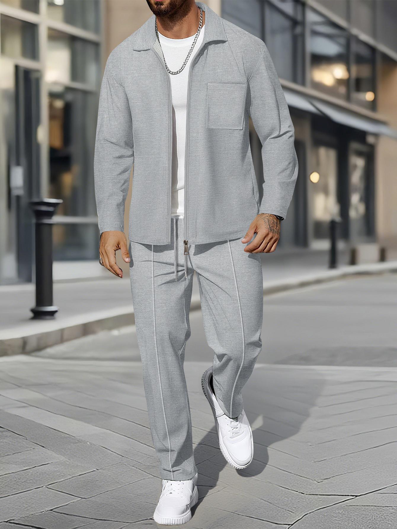 

Мужской осенний кардиган вафельной вязки приталенного силуэта однотонного цвета с застежкой-молнией и отложным воротником, 2025 Double Extra Large серый