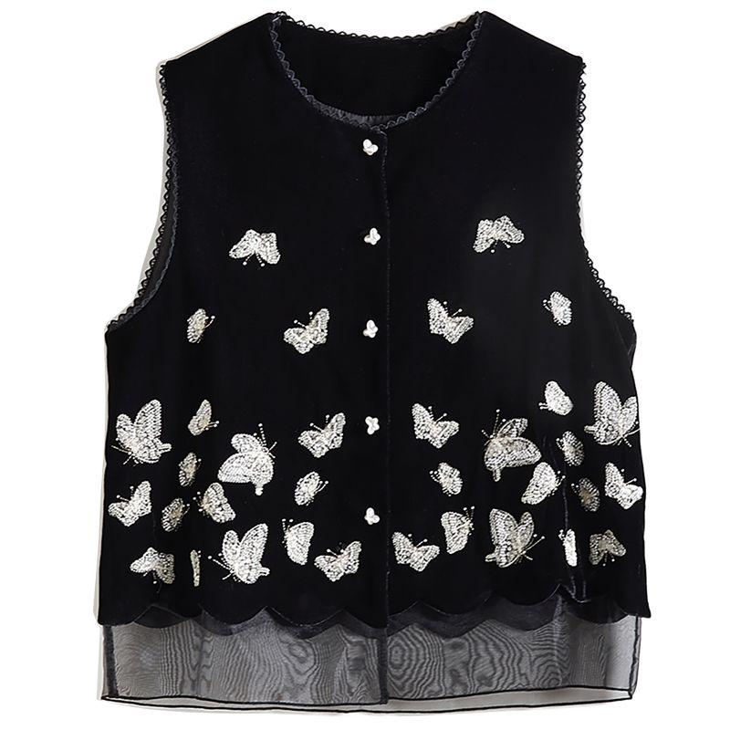 

Invincible Youth Style! Girls Fall and Winter Butterfly Beaded Single-Breasted round Neck False Two Pieces Upright Pile Vest New Outwear Black 2XL
