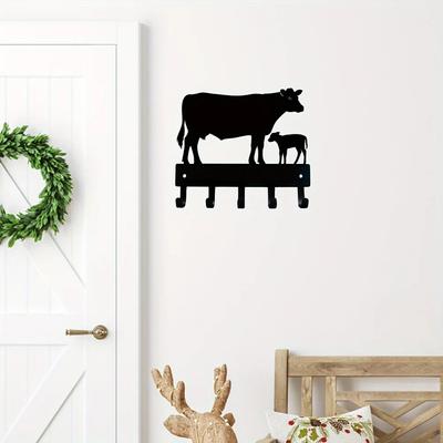 1 Stück Kuh und Kalb Rinderfarm Schlüsselhalter - Klein 6 Zoll Breit Metall Wandkunst Wandmontierte Haken für Garderobe Kunstwerk