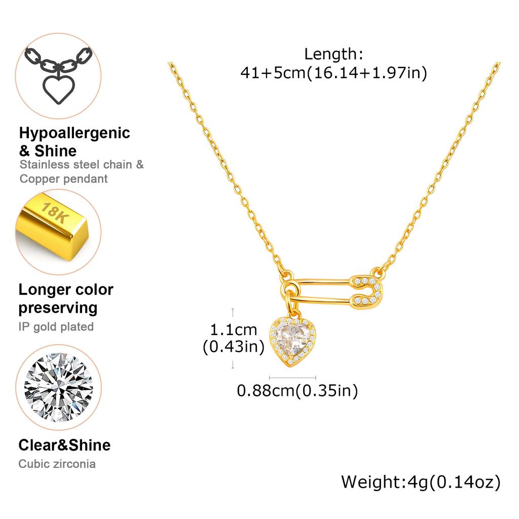 Cubic Zirconia Heart Love Charms Safety Pin Pendant Necklace, Women Necklace Adjustable Stainless Steel Jewelry