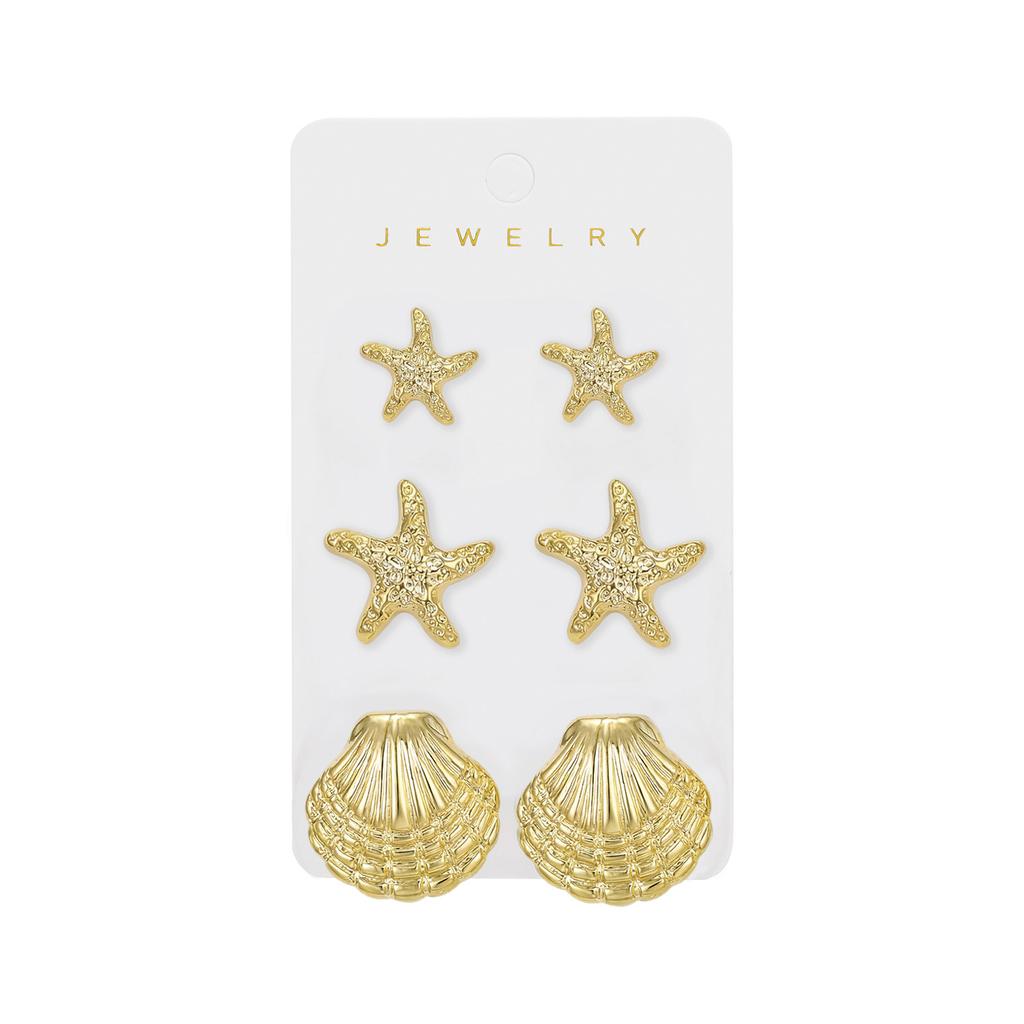 Women's Earring Set: High-end design, gold-colored, exaggerated shell and starfish earrings set for women