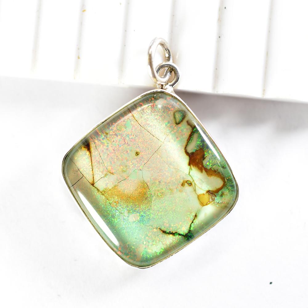 Natural Opal Pendant Multi Color 54 ct 925 Sterling Silver Cushion October Birthday Birthstone