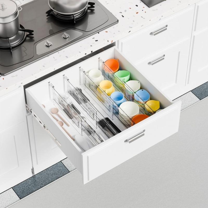 Divisori per Cassetti Trasparenti in Plastica, Set Estensibile da 4 Pezzi con Superfici Testurizzate per Cravatte e Sciarpe