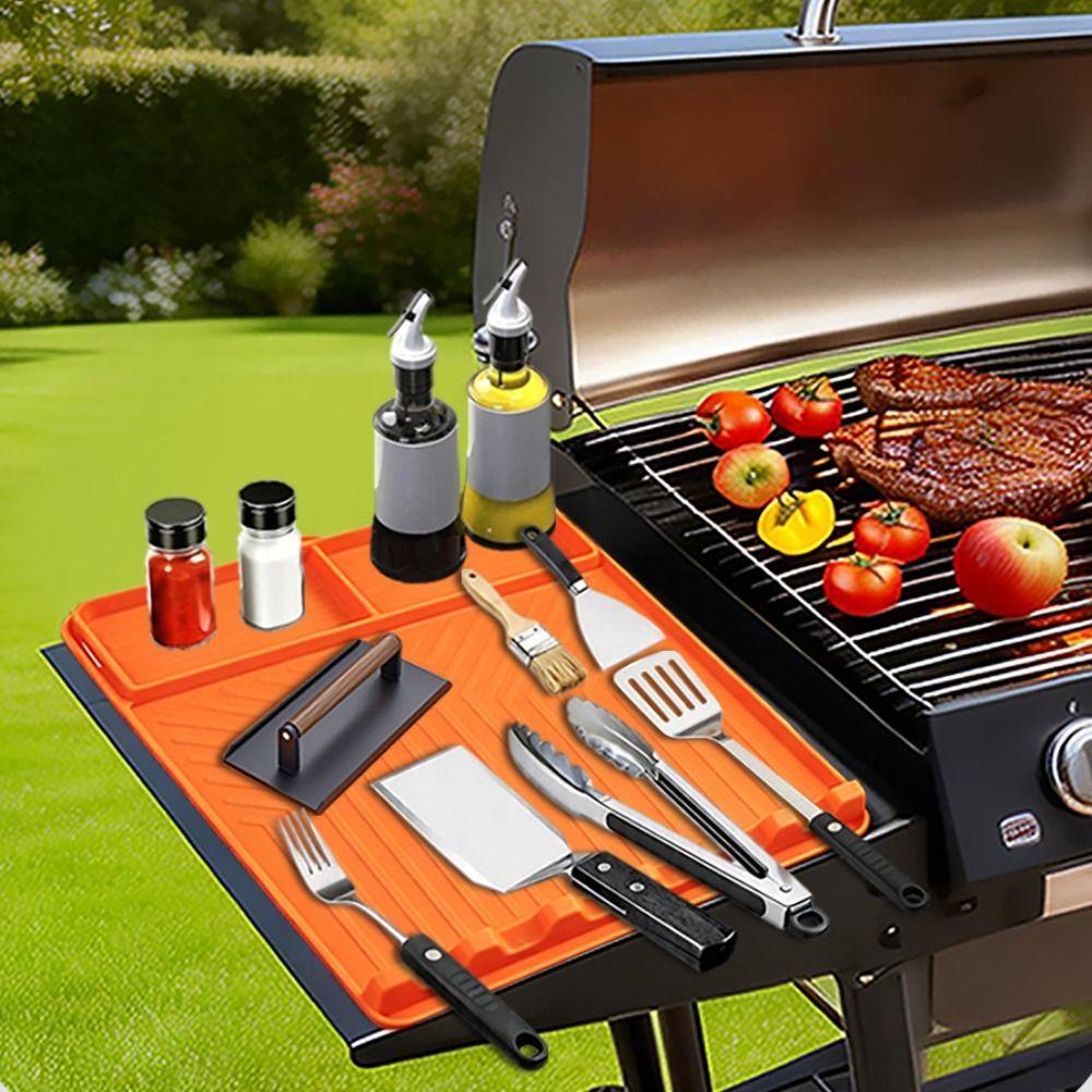 Silicone Mat Grill Tool Tray Raised Lip Grill Buddy Mat Reusable Grill Mat BBQ Tool Storage