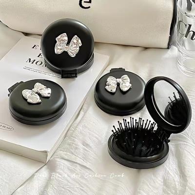 Pettine da massaggio pieghevole carino con specchio per il trucco, da viaggio, portatile, in plastica, con airbag, piccolo pettine, spazzola per capelli, fiocco, cuscino d'aria